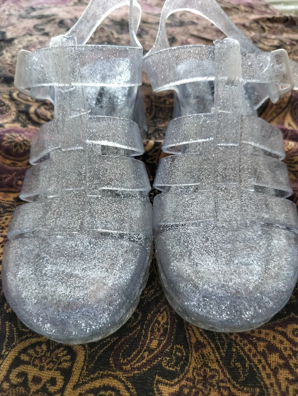 London Rebel Size 10 Clear Silver Glitter Heeled Jelly Sandals EUC - Picture 3 of 11